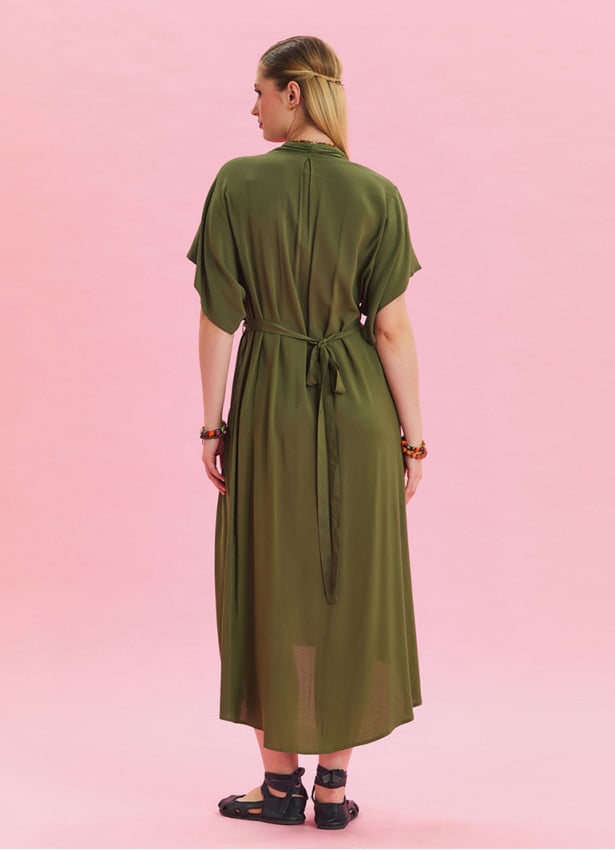 V Neck Pleated Detailed Khaki Casual Dress 4531
